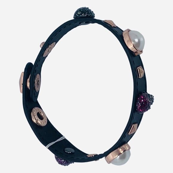 Betsey Johnson Crystal Black Leather Skull Pearl Bracelet DUCHESS OF BETSEYVILLE - Picture 7 of 13